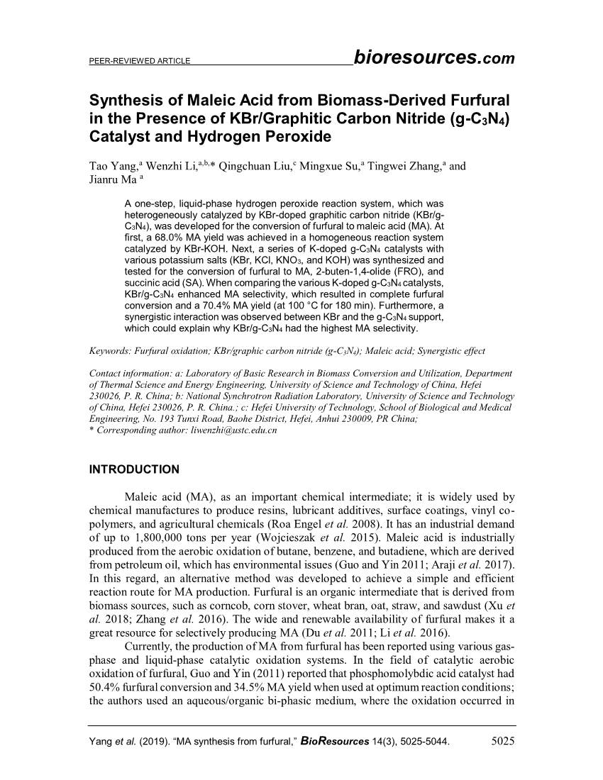 Synthesis of Maleic Acid from Biomass-Derived Furfural in the Presence of Kbr/Graphitic Carbon Nitride (G-C3N4) Catalyst and Hydrogen Peroxide