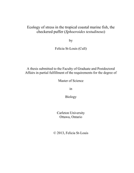 Ecology of Stress in the Tropical Coastal Marine Fish, the Checkered Puffer (Sphoeroides Testudineus)