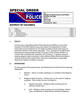 Religious Head Covers and Other Articles of Faith Number SO-12-03 Effective Date January 27, 2012 DISTRICT of COLUMBIA