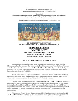 Lerner & Loewe's “My Fair Lady” to Play Milwaukee on April 14-19