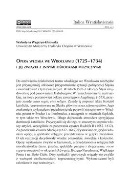 Opera Włoska We Wrocławiu (1725–1734) I Jej Związki Z Innymi Ośrodkami Muzycznymi