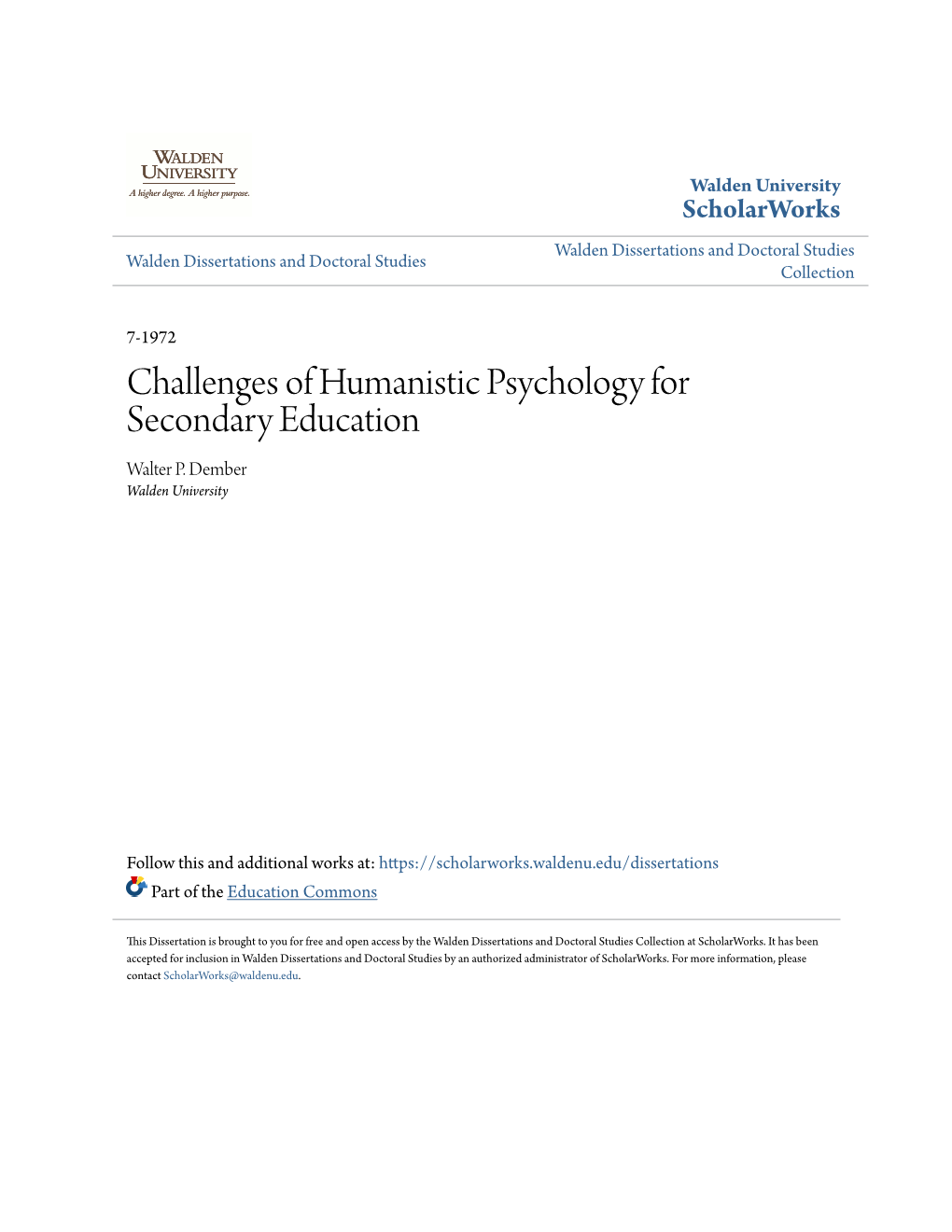 Challenges of Humanistic Psychology for Secondary Education Walter P