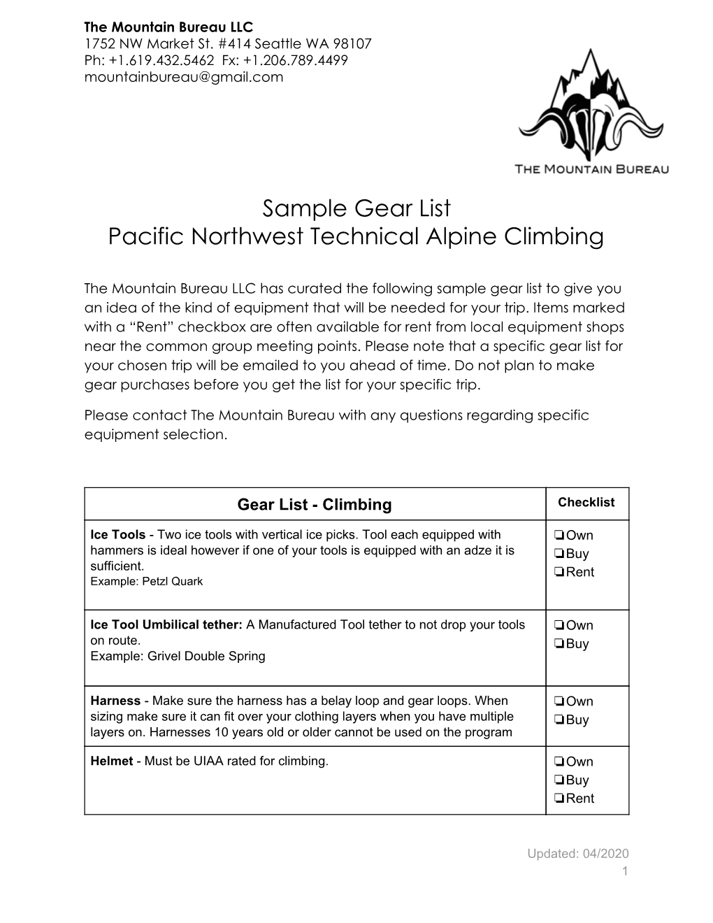 Sample Gear List Pacific Northwest Technical Alpine Climbing