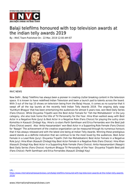 Balaji Telefilms Honoured with Top Television Awards at the Indian Telly Awards 2019
