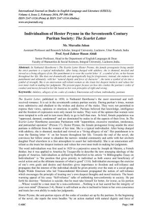 Individualism of Hester Prynne in the Seventeenth Century Puritan Society: the Scarlet Letter