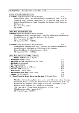 MUNI 20080313 – Miles Davis-Gil Evans: Miles Ahead Claude Thornhill and His Orchestra Godchild (George Wallington/Arr. Gerry M