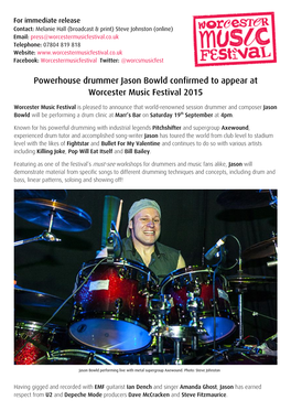 Powerhouse Drummer Jason Bowld Confirmed to Appear at Worcester Music Festival 2015