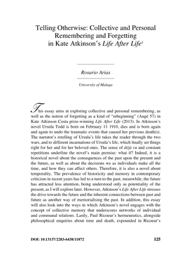 Collective and Personal Remembering and Forgetting in Kate Atkinson’S Life After Life1