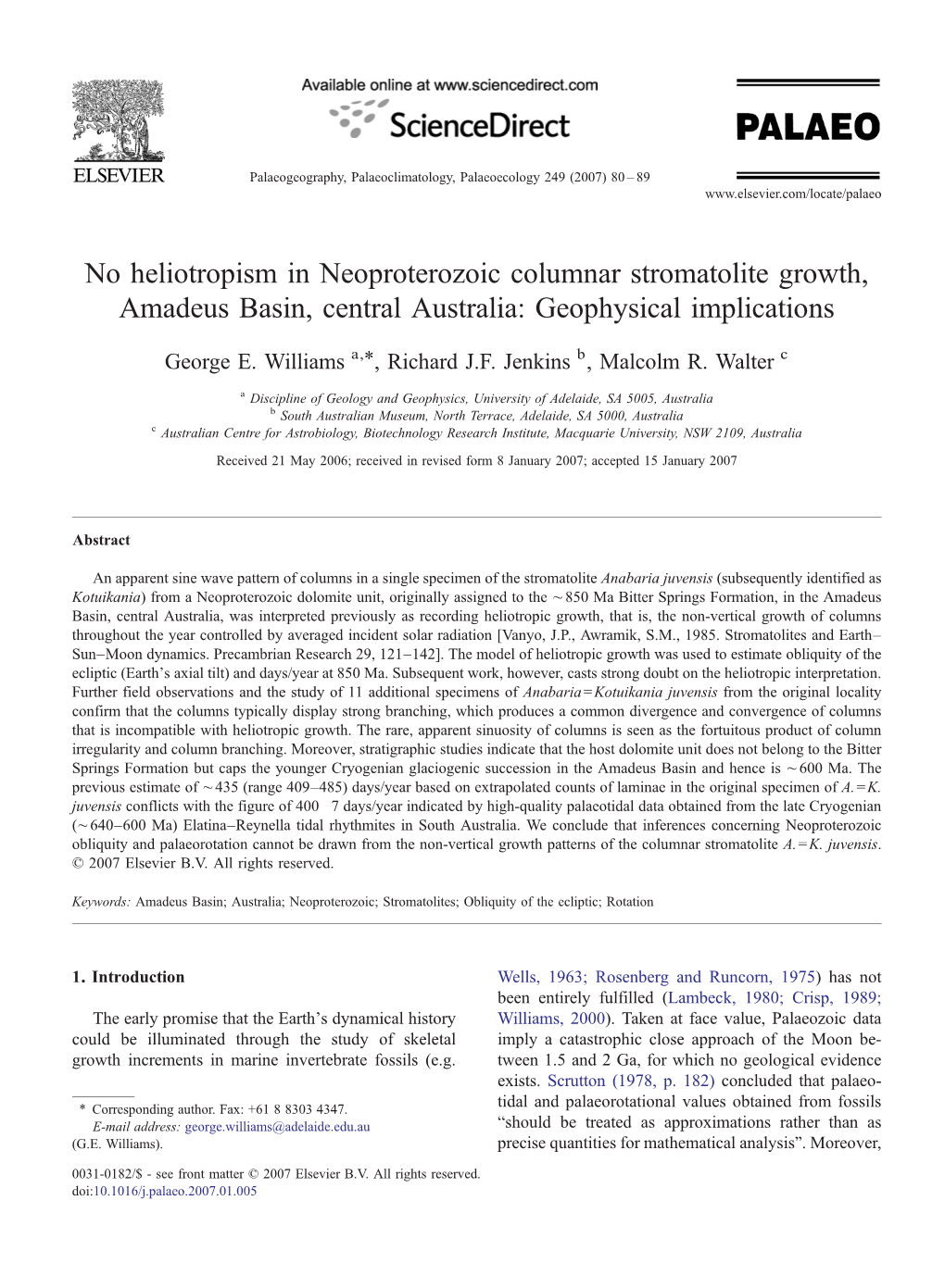 No Heliotropism in Neoproterozoic Columnar Stromatolite Growth, Amadeus Basin, Central Australia: Geophysical Implications ⁎ George E