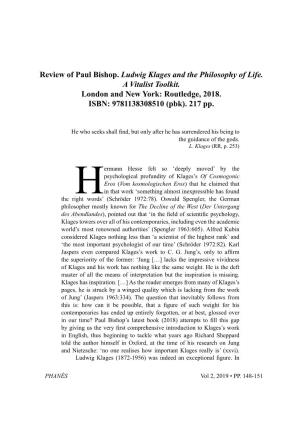 Paul Bishop. Ludwig Klages and the Philosophy of Life. a Vitalist Toolkit