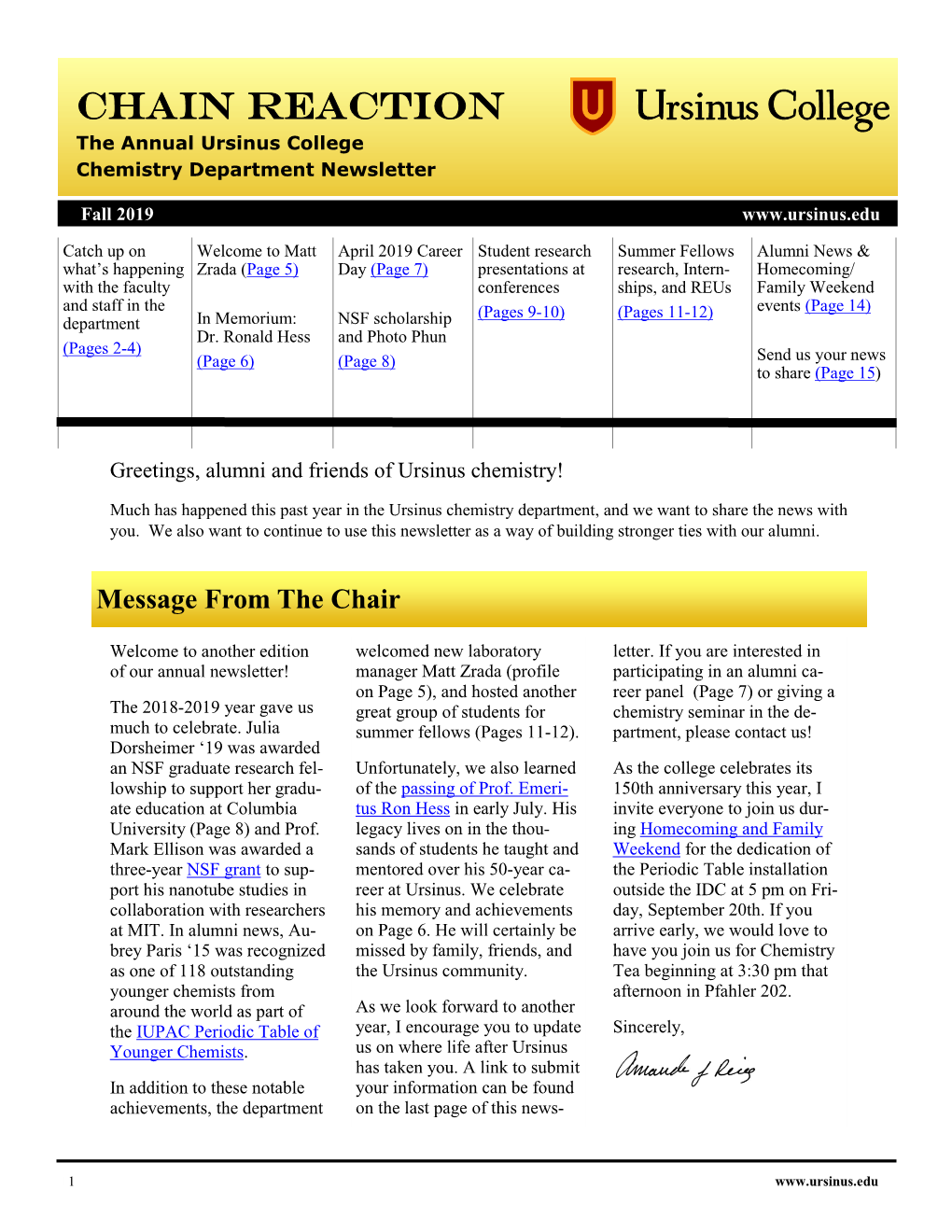 Chain Reaction the Annual Ursinus College Chemistry Department Newsletter