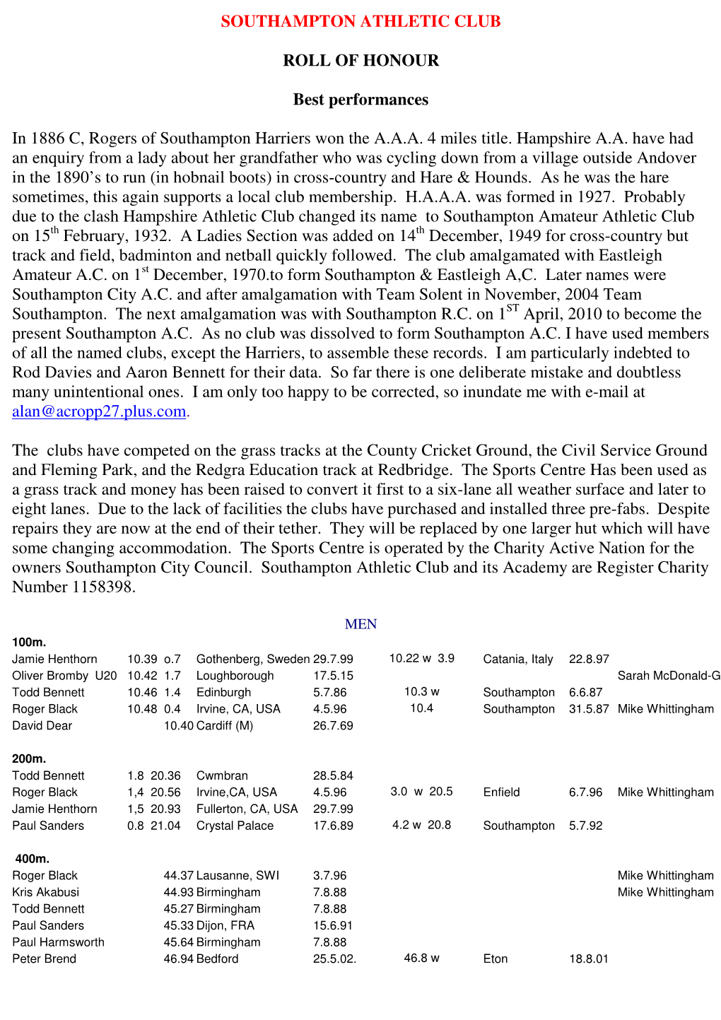 SOUTHAMPTON ATHLETIC CLUB ROLL of HONOUR Best