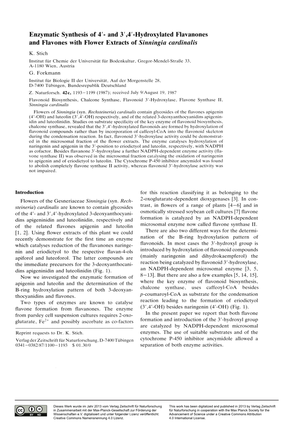 Enzymatic Synthesis of 4'- and 3 ',4 -Hydroxylated Flavanones and Flavones with Flower Extracts of Sinningia Cardinalis