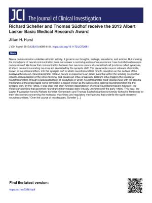 Richard Scheller and Thomas Südhof Receive the 2013 Albert Lasker Basic Medical Research Award