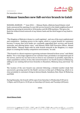 Ithmaar Launches New Full-Service Branch in Galali