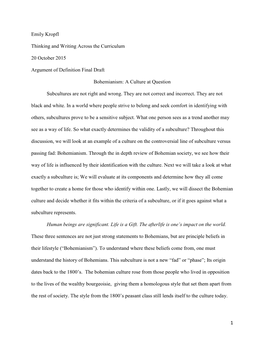 1 Emily Kropfl Thinking and Writing Across the Curriculum 20 October 2015 Argument of Definition Final Draft Bohemianism: a Cult