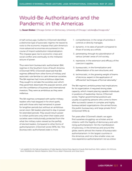 Would-Be Authoritarians and the Pandemic in the Americas by Susan Stokes | Chicago Center on Democracy, University of Chicago | Sstokes@Uchicago.Edu*