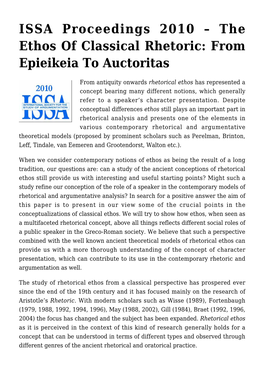 The Ethos of Classical Rhetoric: from Epieikeia to Auctoritas