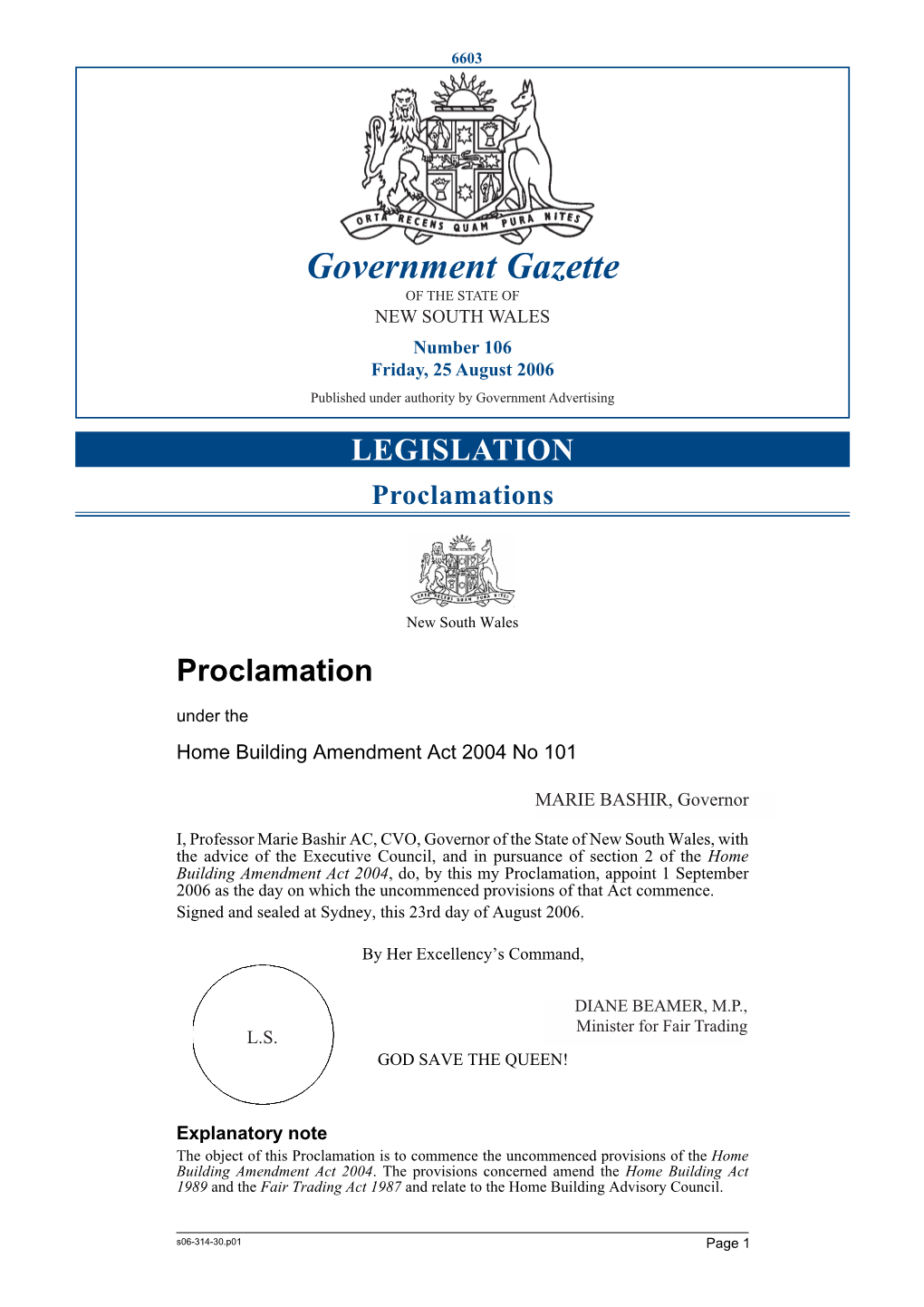 Gazette No 106 of 25 August 2006