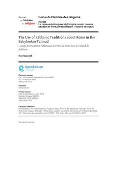 The Use of Rabbinic Traditions About Rome in the Babylonian Talmud L’Usage Des Traditions Rabbiniques À Propos De Rome Dans Le Talmud De Babylone