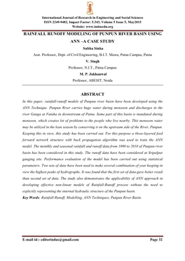 RAINFALL RUNOFF MODELING of PUNPUN RIVER BASIN USING ANN –A CASE STUDY Subha Sinha Asst