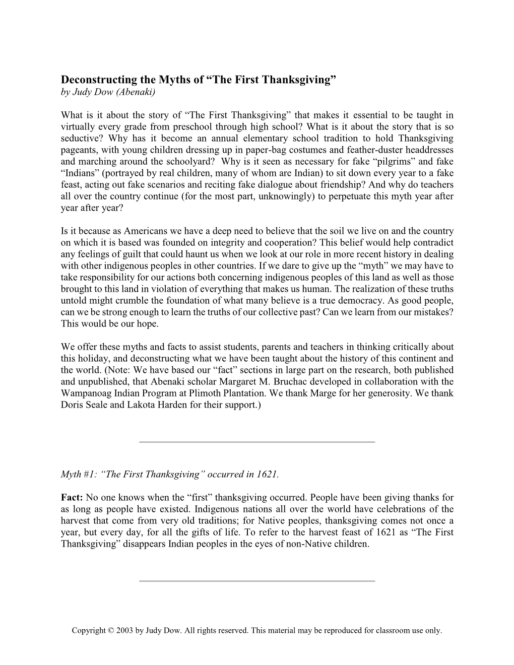 Deconstructing the Myths of “The First Thanksgiving” by Judy Dow (Abenaki)