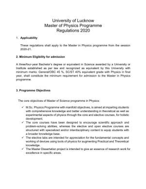 University of Lucknow Master of Physics Programme Regulations 2020