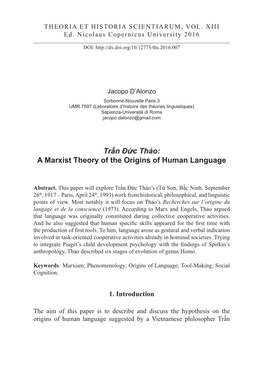 Trần Đức Thảo: a Marxist Theory of the Origins of Human Language