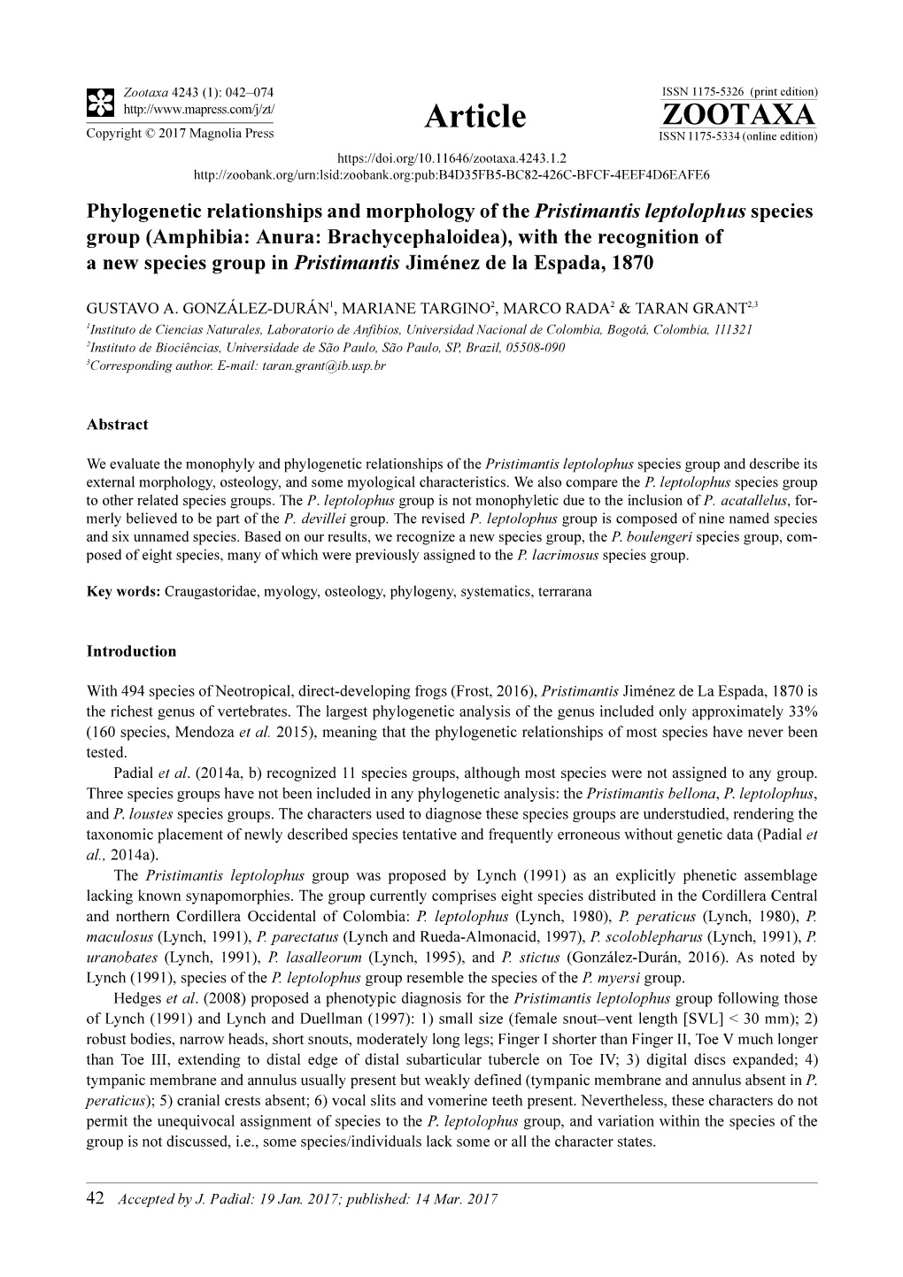 Phylogenetic Relationships and Morphology of the Pristimantis Leptolophus Species Group