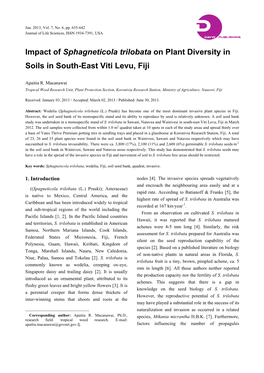 Impact of Sphagneticola Trilobata on Plant Diversity in Soils in South-East Viti Levu, Fiji