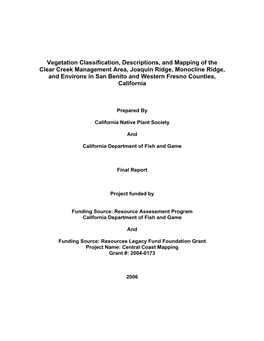 Vegetation Classification, Descriptions, and Mapping of the Clear Creek