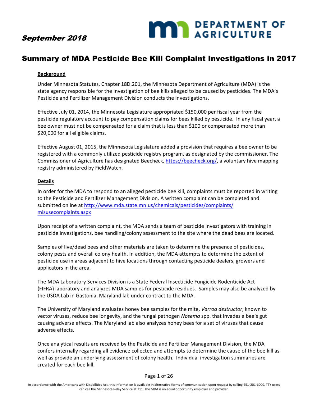 Summary of MDA Pesticide Bee Kill Complaint Investigations in 2017