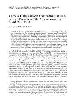 John Ellis, Bernard Romans and the Atlantic Science of British West Florida