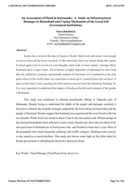 An Assessment of Flood in Kuttanadu : a Study on Infrastructural Damages to Household and Coping Mechanism of the Local Self Government Institutions