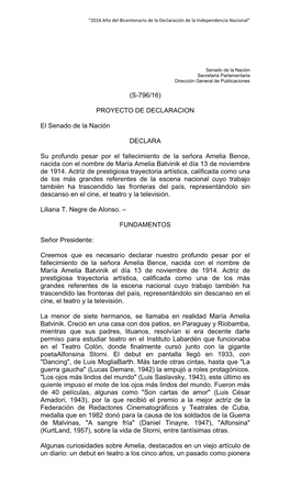PROYECTO DE DECLARACION El Senado De La Nación DECLARA Su Profundo Pesar Por El Fallecimiento De La Señora Amelia