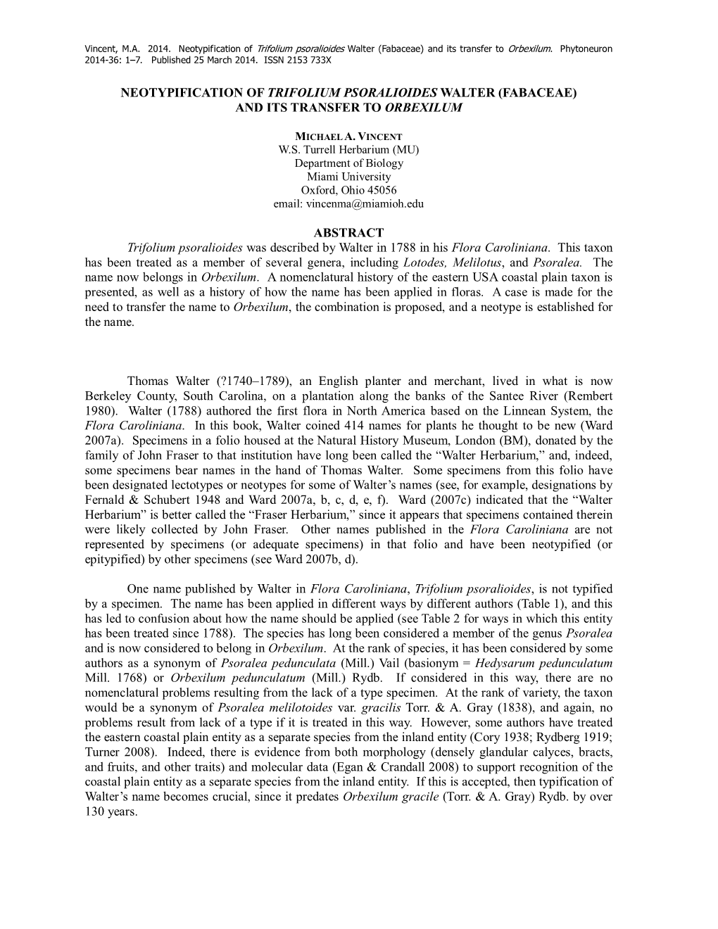 Neotypification of Trifolium Psoralioides Walter (Fabaceae) and Its Transfer to Orbexilum