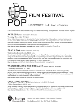 Film Festival U Pop December 1- 4 Footlik Theater FREE Interactive Festival Featuring Four Award-Winning, Independent Movies in Four Nights