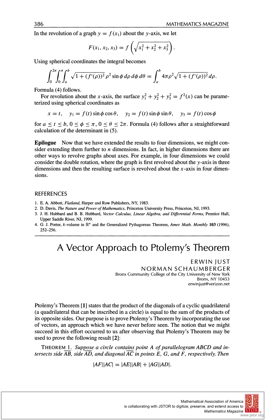 A Vector Approach to Ptolemy's Theorem a Vector Approach To