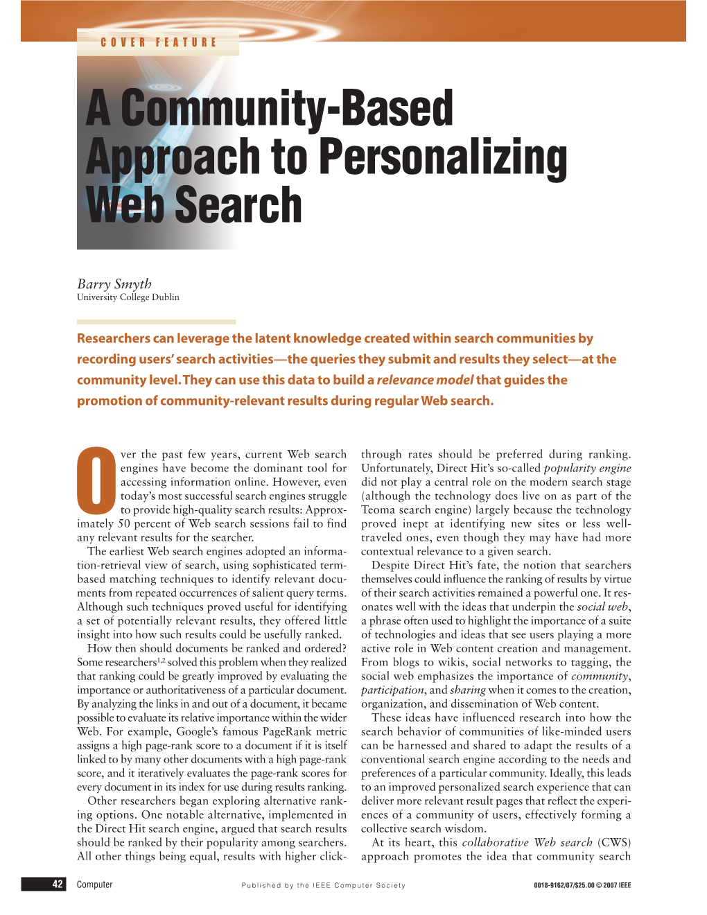 A Community-Based Approach to Personalizing Web Search