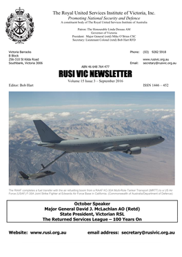 RUSI VIC NEWSLETTER Volume 15 Issue 3 – September 2016 Editor: Bob Hart ISSN 1446 – 452