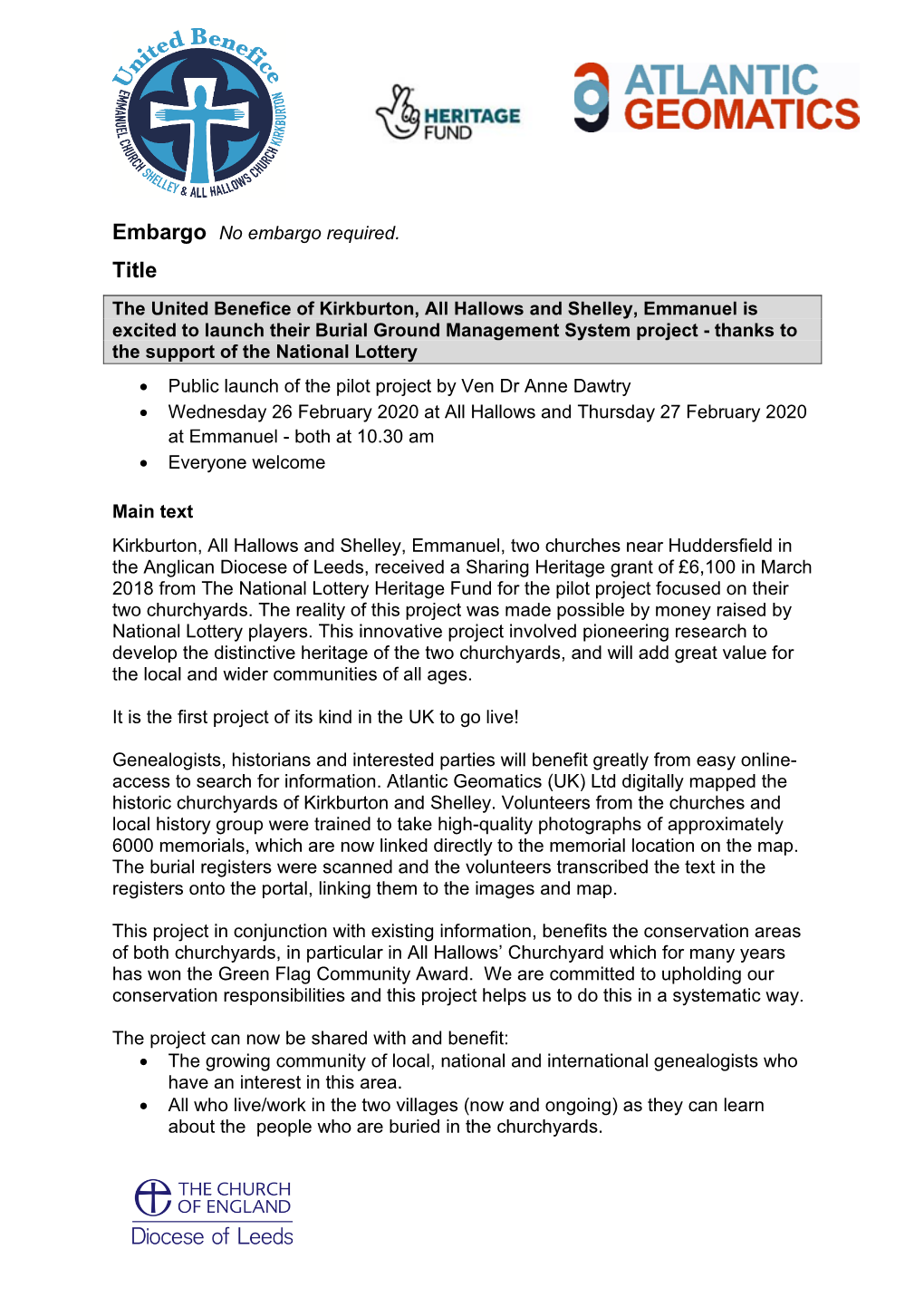 Embargo No Embargo Required. the United Benefice of Kirkburton, All Hallows and Shelley, Emmanuel Is Excited to Launch Their Bu