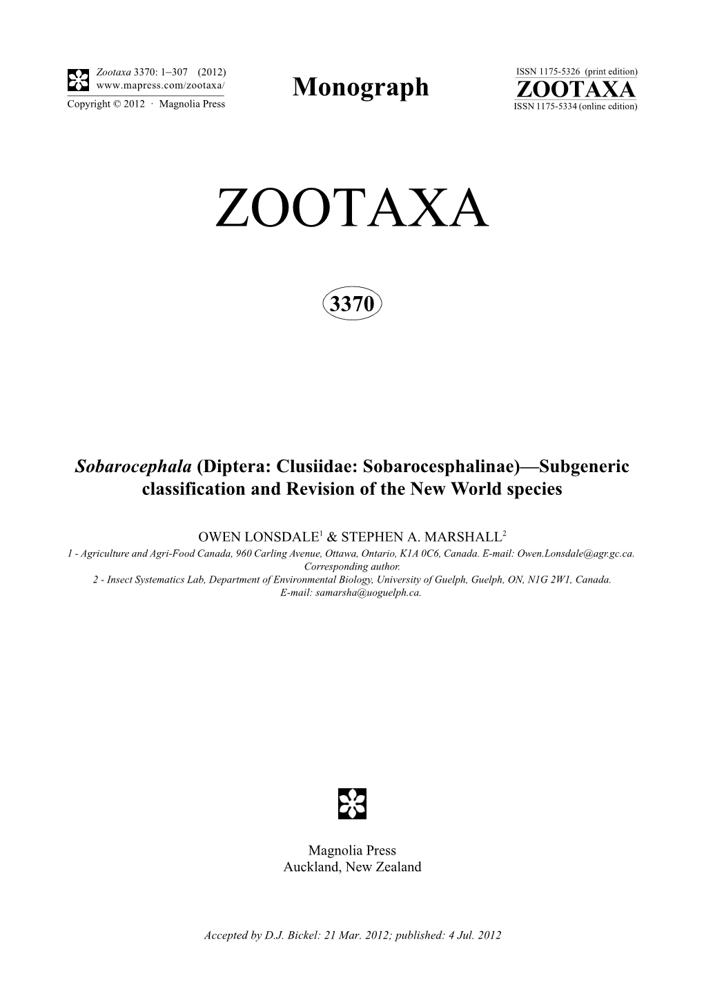 Sobarocephala (Diptera: Clusiidae: Sobarocesphalinae)—Subgeneric Classification and Revision of the New World Species