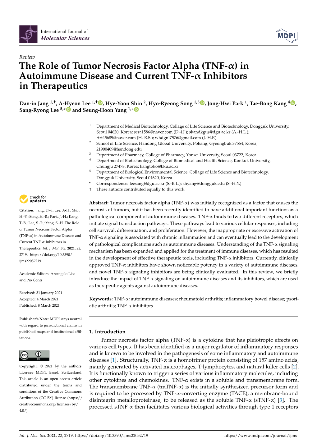 The Role of Tumor Necrosis Factor Alpha (TNF-)