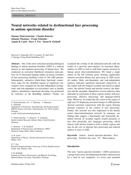 Neural Networks Related to Dysfunctional Face Processing in Autism Spectrum Disorder