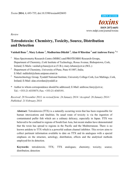 Tetrodotoxin: Chemistry, Toxicity, Source, Distribution and Detection