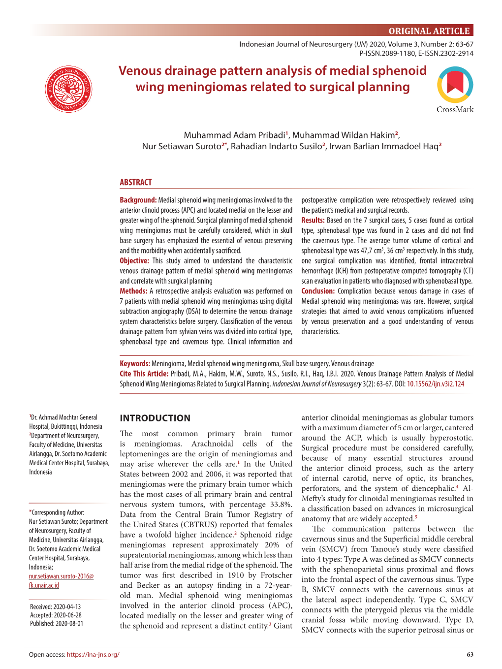 Venous Drainage Pattern Analysis of Medial Sphenoid Wing Meningiomas Related to Surgical Planning