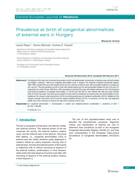 Prevalence at Birth of Congenital Abnormalities of External Ears in Hungary