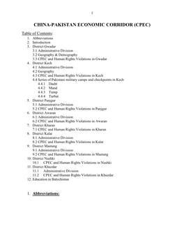CHINA-PAKISTAN ECONOMIC CORRIDOR (CPEC) Table of Contents: 1