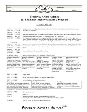 Broadway Artists Alliance 2014 Summer Intensive Session 2 Schedule