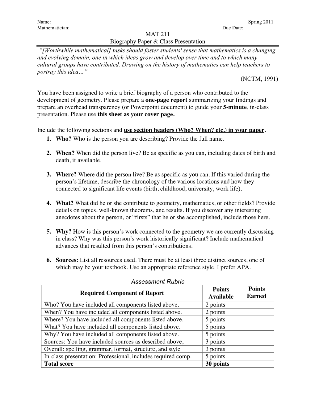 MAT 211 Biography Paper & Class Presentation